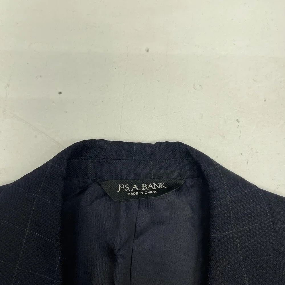 Jos A Bank Signature Collection Blazer Mens 46L Navy Windowpane Wool Jacket - Picture 3 of 9